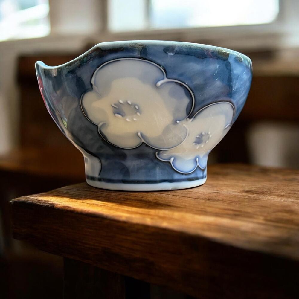 Vtg. Set Of 4 Hand Painted Japan Footed Rice Bowl Mino Indigo Blue Marked Suiho